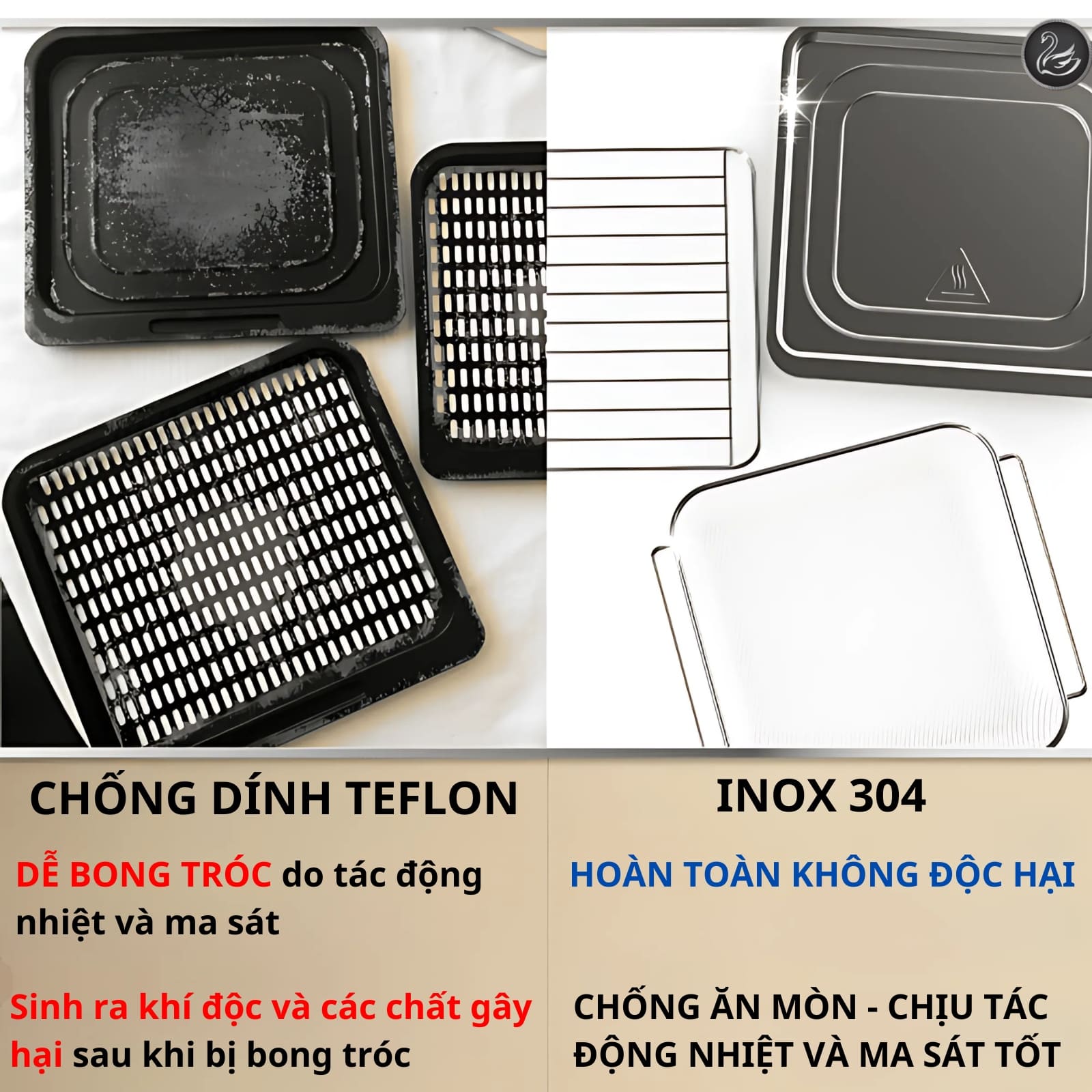 phân biệt giữa phụ kiện chỉ dùng chống dính teflon và phụ kiện inox 304